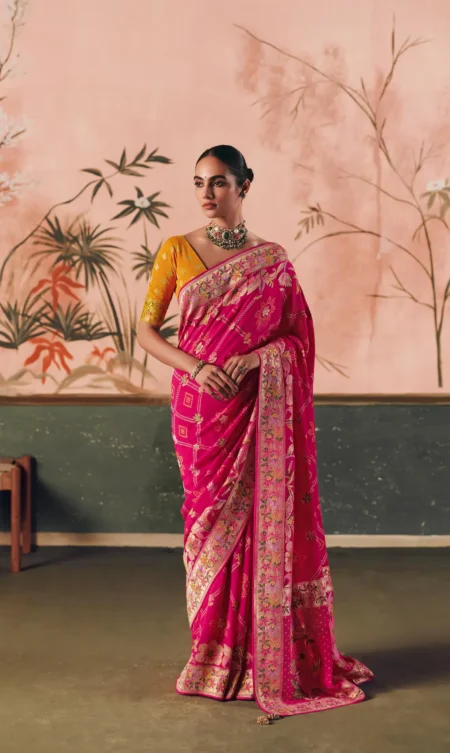 Handloom Khaddi Georgette Bandhani Saree | Floral Zari Work